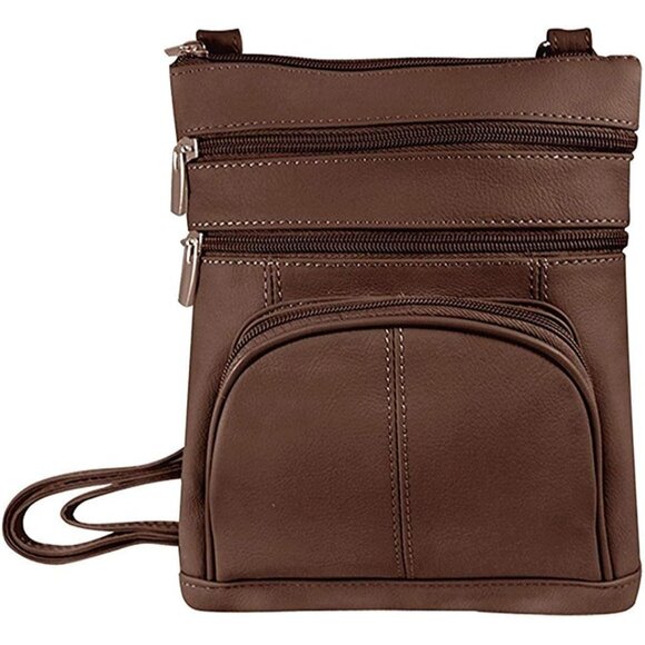 Leather Cross Body Purse Multi-Pocket Brown Zipper Closure Women - Picture 2 of 9